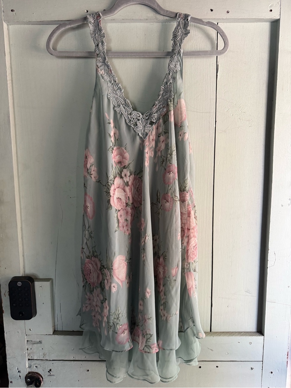 Vintage Sage and Pink Floral Lace-Trim Chemise